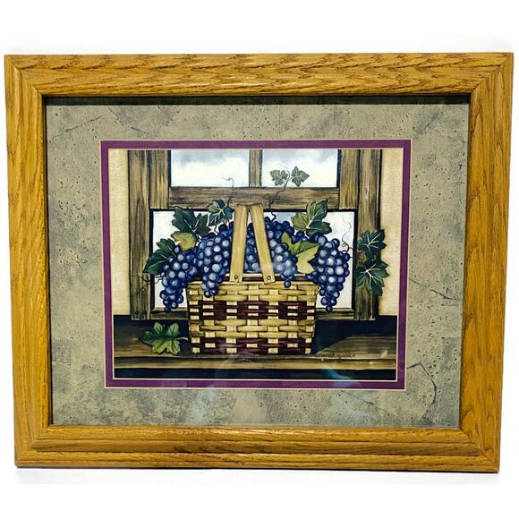 Laurie Korsgaden Country Basket With Grapes Art Print Framed 16.75 x 13.75 - Picture 1 of 5
